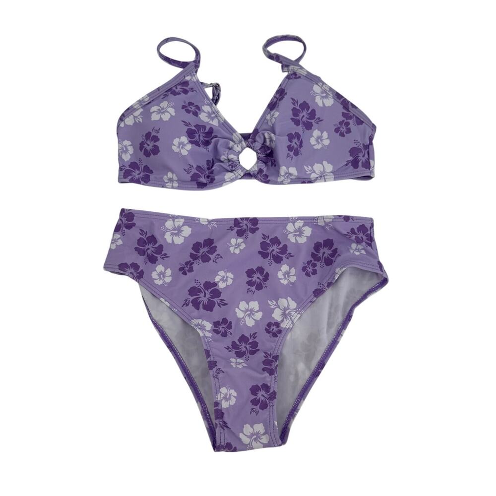 NWOT Soly Hux Kids Girls 12-13Y Hibiscus Floral Purple 2 Piece Ring Swimsuit Set